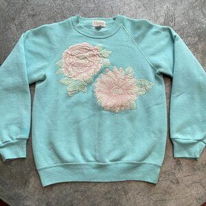 Vintage 80s 90s Floral Applique Pink Aqua Blue Crewneck Sweatshirt USA Medium